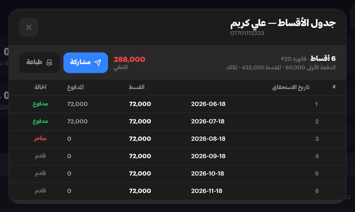 جدول أقساط باسم مشتريه على بيعة بـ492,000 دينار دُفع منها 60,000 مقدَّمًا: ستّة أسطر بتواريخها، اثنان مؤشّران مدفوعًا بمبلغيهما وواحد متأخرًا وثلاثة قادمة، وأسفلها زرّا الطباعة والمشاركة.