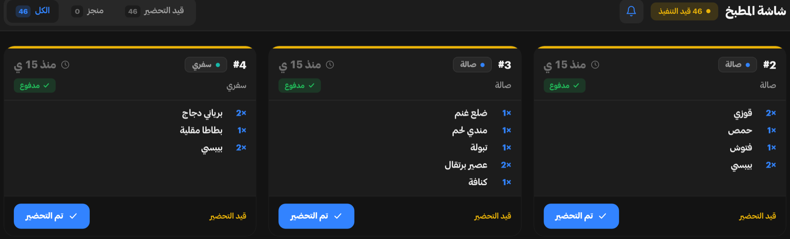لوحة المطبخ وعليها ثلاث بطاقات طلب مفتوحة، تحمل كلٌّ منها رقمها وقناتها وأصنافها وزرّ «تم التحضير».